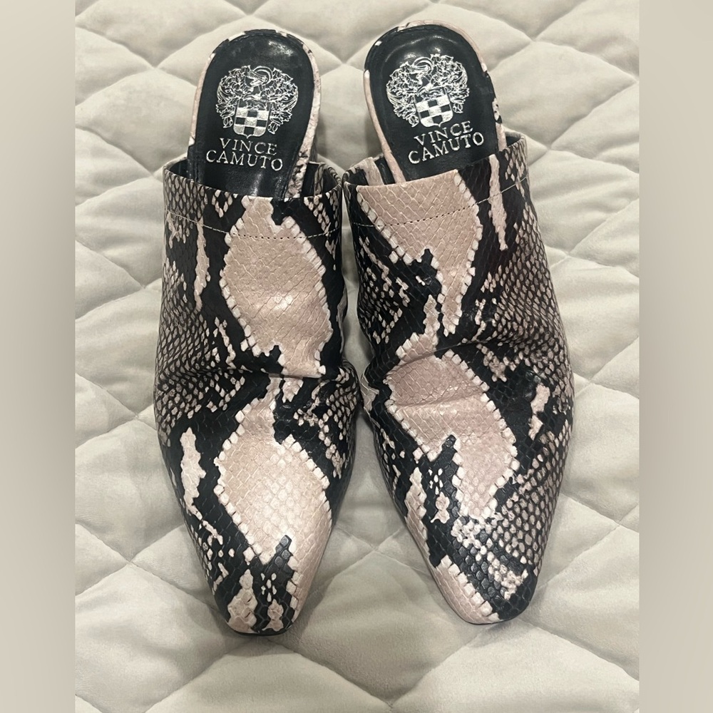 Vince Camuto Black and Cream Snake Print Mules